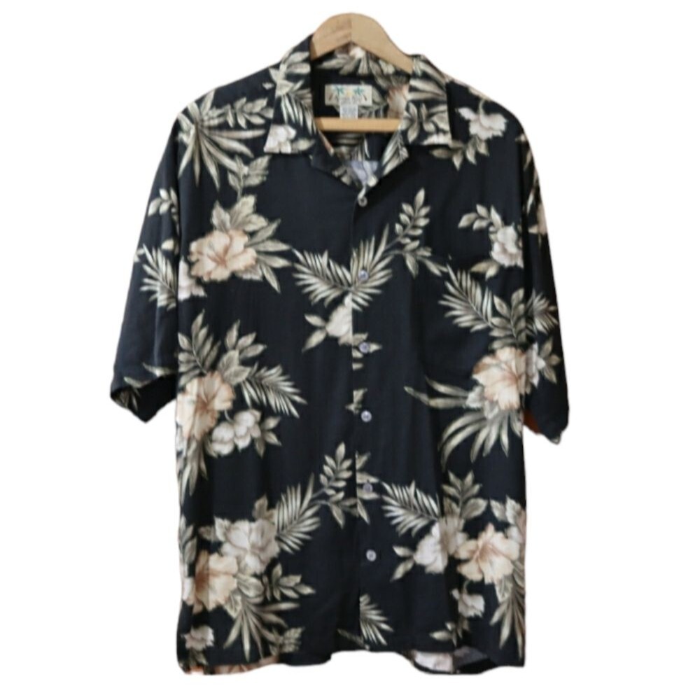 Kona Kai Black Floral Tropical Vacation Button Down Shirt LG